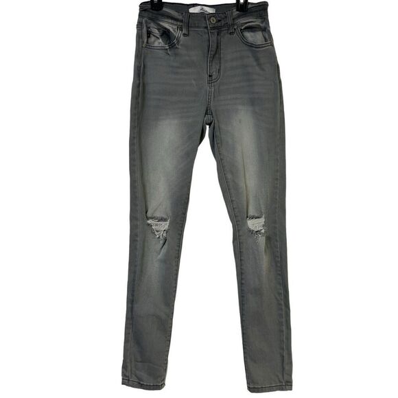 KanCan Jeans Kira High Rise Gray Denim Size 26 Distressed Stretch Logo BOHO 90s - Picture 1 of 13